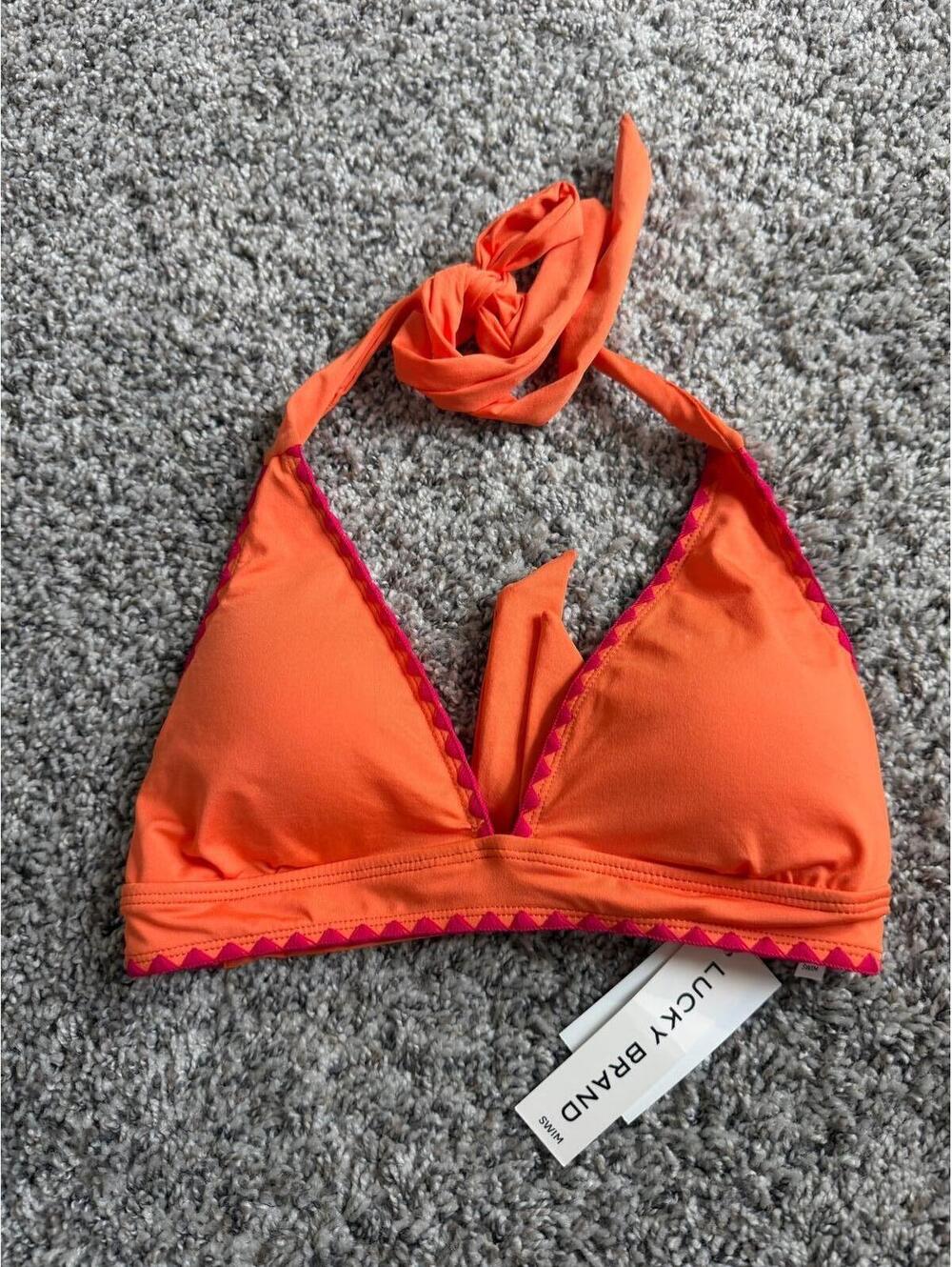 Lucky Brand NWT Orange Halter Bikini Top Pink Crochet Trim Size S